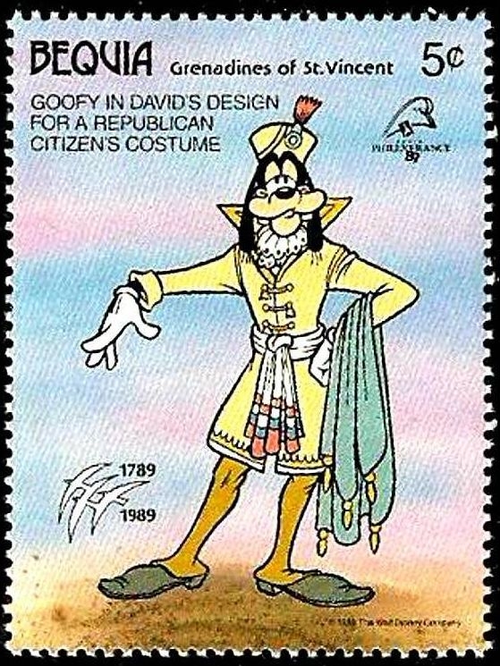 Bequia (St.Vincent) 1989 Scott 272 Sello ** Walt Disney Centenario Revolucion Francesa Goofy con Vestido Republicano Diseño David 5c 